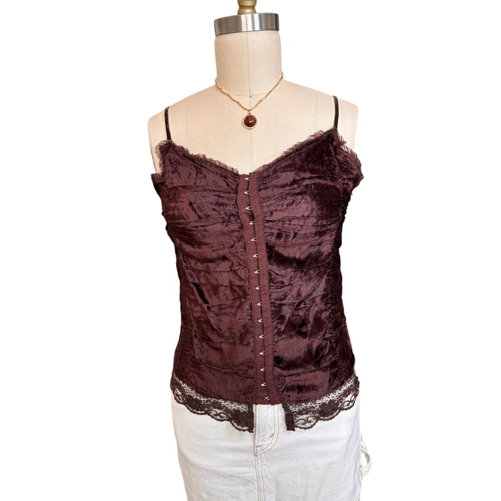 Fairycore Periscope Ruched Velvet Hook Eye Lace Trim Camisole M Brown Vintage